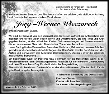 Traueranzeige von Jörg-Werner Wieczoreck von Südthüringer Presse