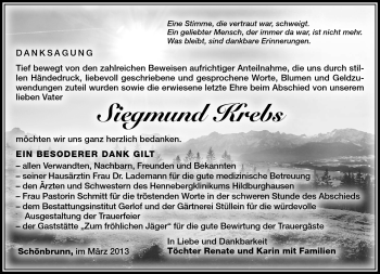 Traueranzeige von Siegmund Krebs von Südthüringer Presse