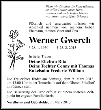 Traueranzeige von Werner Gwerch von Südthüringer Presse
