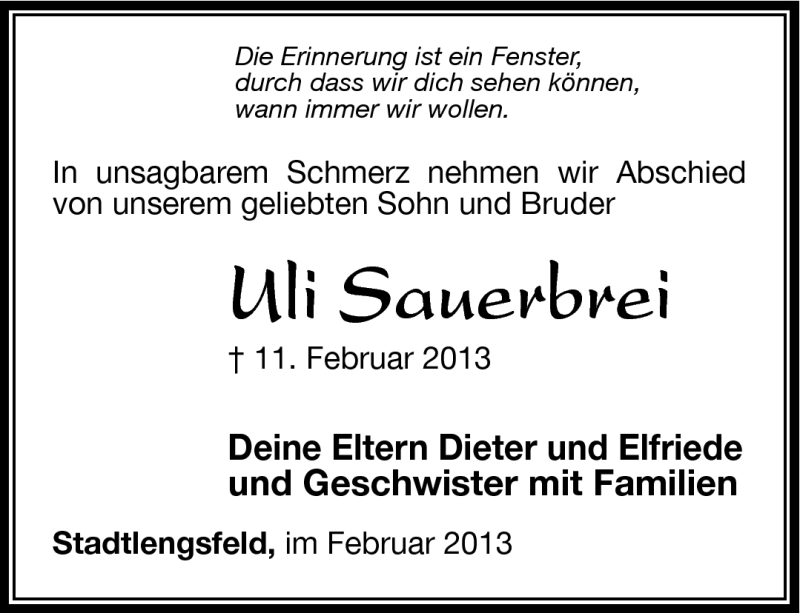 Traueranzeige für Uli Sauerbrei vom 02.03.2013 aus Südthüringer Presse