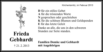 Traueranzeige von Frieda Gebhardt von Frankenpost