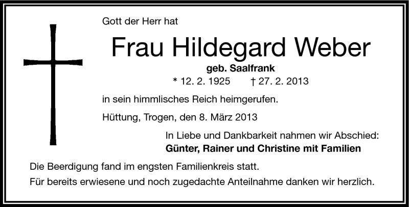  Traueranzeige für Hildegard Weber vom 08.03.2013 aus Frankenpost