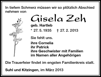 Traueranzeige von Gisela Zeh von Südthüringer Presse