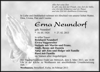 Traueranzeige von Erna Neundorf von Südthüringer Presse