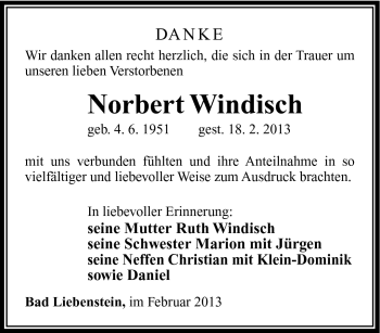 Traueranzeige von Norbert Windisch von Südthüringer Presse