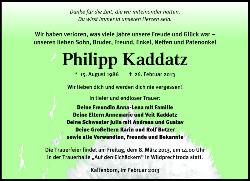  Traueranzeige für Philipp Kaddatz vom 02.03.2013 aus Südthüringer Presse