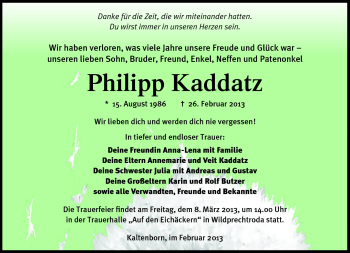 Traueranzeige von Philipp Kaddatz von Südthüringer Presse