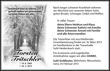 Traueranzeige von Torsten Tritschler von Südthüringer Presse
