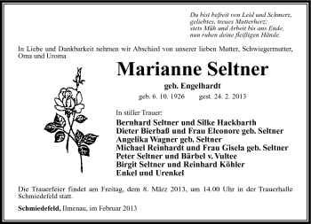 Traueranzeige von Marianne Seltner von Südthüringer Presse