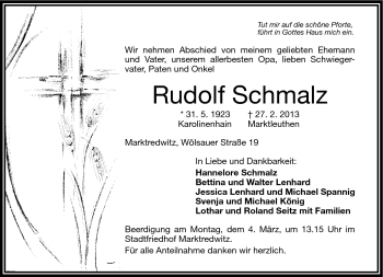 Traueranzeige von Rudolf Schmalz von Frankenpost
