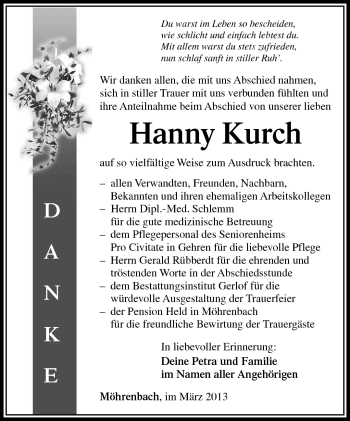 Traueranzeige von Hanny Kurch von Südthüringer Presse