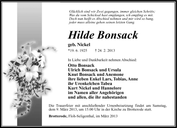 Traueranzeige von Hilde Bonsack von Südthüringer Presse