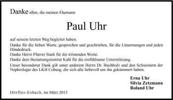 Traueranzeige von Paul Uhr von Neue Presse Coburg
