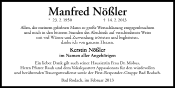Traueranzeige von Manfred Nößler von Südthüringer Presse