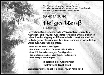 Traueranzeige von Helga Reuß von Südthüringer Presse