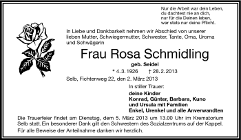 Traueranzeige von Rosa Schmidling von Frankenpost