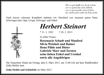 Traueranzeige von Herbert Steinort von Südthüringer Presse