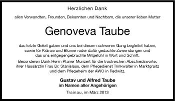 Traueranzeige von Genoveva Taube von Neue Presse Coburg