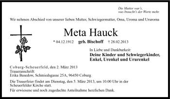 Traueranzeige von Meta Hauck von Neue Presse Coburg
