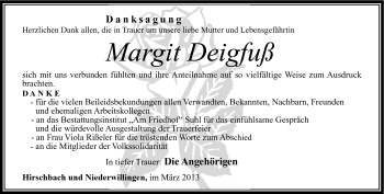 Traueranzeige von Margit Deigfuß von Südthüringer Presse