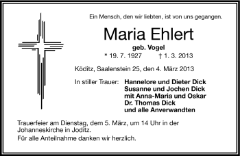 Traueranzeige von Maria Ehlert von Frankenpost