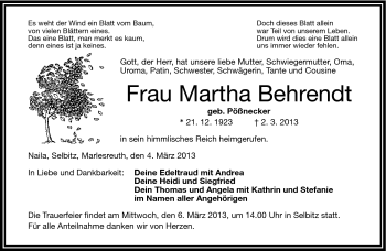 Traueranzeige von Martha Behrendt von Frankenpost