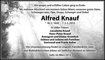 Traueranzeige von Alfred Knauf von Südthüringer Presse
