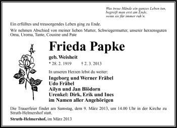 Traueranzeige von Frieda Papke von Südthüringer Presse
