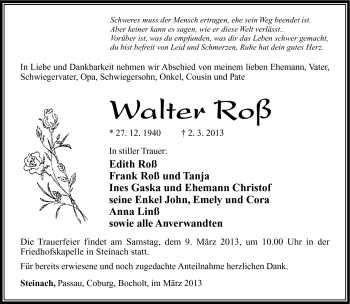 Traueranzeige von Walter Roß von Südthüringer Presse