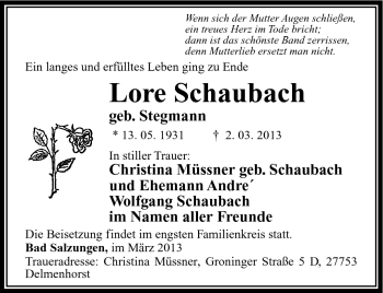 Traueranzeige von Lore Schaubach von Südthüringer Presse