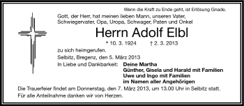 Traueranzeige von Adolf Elbl von Frankenpost