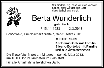 Traueranzeige von Berta Wunderlich von Frankenpost
