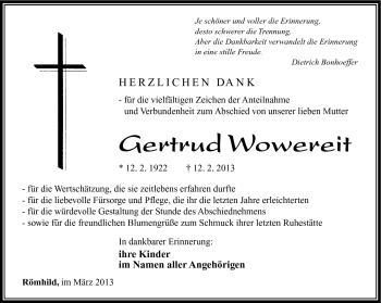 Traueranzeige von Gertrud Wowereit von Südthüringer Presse