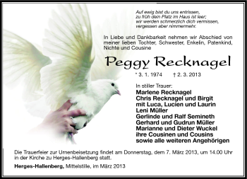 Traueranzeige von Peggy Recknagel von Südthüringer Presse
