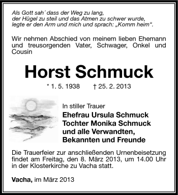 Traueranzeige von Horst Schmuck von Südthüringer Presse
