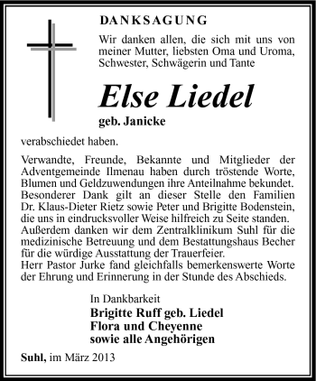 Traueranzeige von Else Liedel von Südthüringer Presse