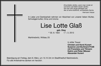 Traueranzeige von Lise Lotte Glaß von Frankenpost