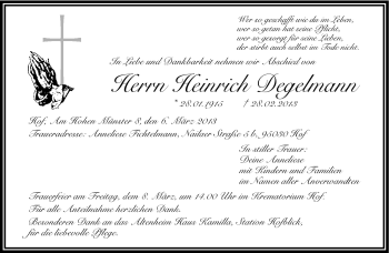 Traueranzeige von Heinrich Degelmann von Frankenpost