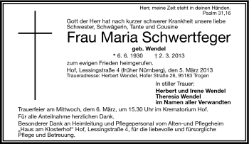 Traueranzeige von Maria Schwertfeger von Frankenpost