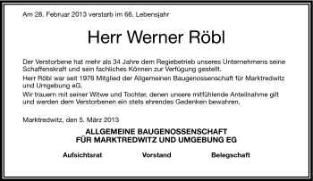 Traueranzeige von Werner Röbl von Frankenpost