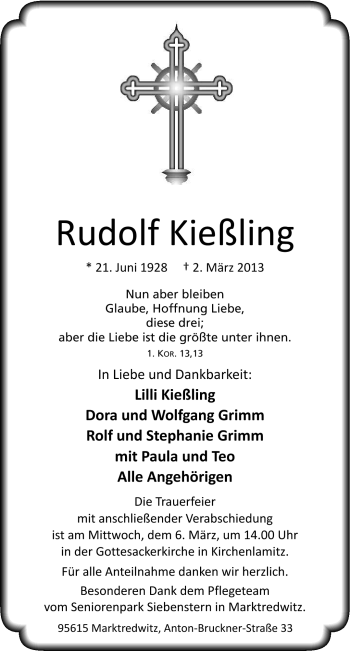 Traueranzeige von Rudolf Kießling von Frankenpost