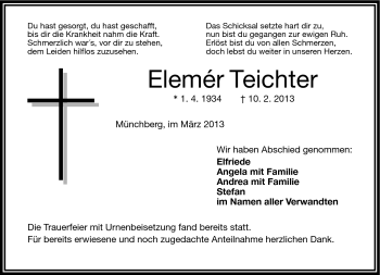 Traueranzeige von Elemér Teichter von Frankenpost