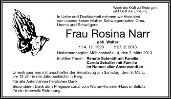 Traueranzeige von Rosina Narr von Frankenpost