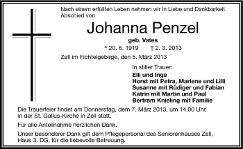 Traueranzeige von Johanna Penzel von Frankenpost