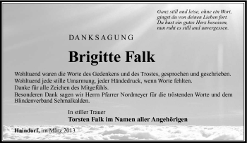 Traueranzeige von Brigitte Falk von Südthüringer Presse