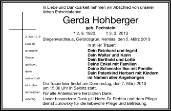 Traueranzeige von Gerda Hohberger von Frankenpost
