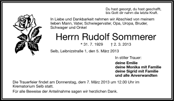 Traueranzeige von Rudolf Sommerer von Frankenpost