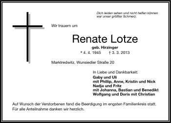 Traueranzeige von Renate Lotze von Frankenpost