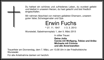 Traueranzeige von Erwin Fuchs von Frankenpost
