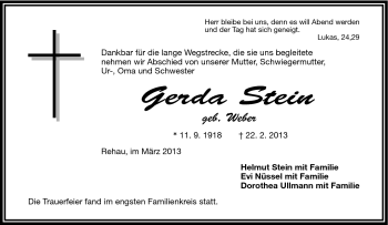 Traueranzeige von Gerda Stein von Frankenpost